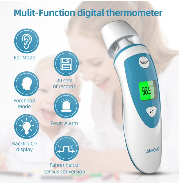 ANKOVO Digital Infrared Forehead and Ear Thermometer, Non-Contact